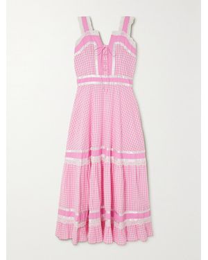 BATSHEVA Meadow Tiered Satin And Lace-Trimmed Gingham Cotton-Poplin Maxi Dress - Pink