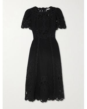 Sea Gianna Lace-Trimmed Embroidered Cotton And Linen-Blend Midi Dress - Black
