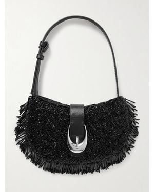 STAUD Alana Leather-Trimmed Fringed Beaded Satin Shoulder Bag - Black