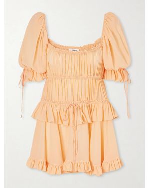 Chloé Shirred Tiered Silk Georgette Mini Dress - Orange