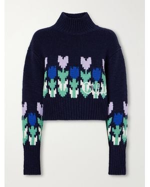 Chloé Cropped Mock-Neck Floral-Intarsia Wool Sweater - Blue