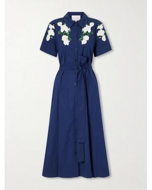 Carolina Herrera Belted Floral-Embroidered Cotton-Blend Midi Dress - Blue
