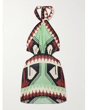 Johanna Ortiz Tide Strength Open-Back Printed Linen Halterneck Mini Dress - Green