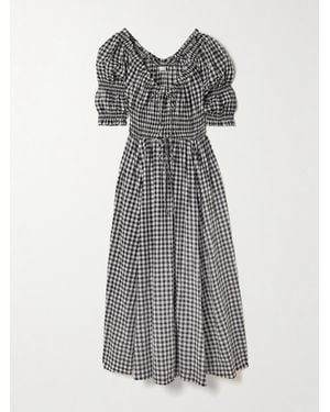 Doen Ischia Shirred Gingham Cotton-Voile Midi Dress - Gray