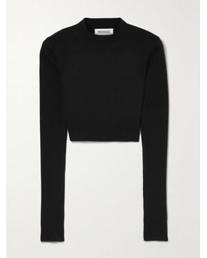 Monse Cropped Open-Back Leather-Trimmed Merino Wool-Blend Top - Black