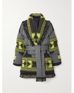 Alanui Icon Belted Fringed Quilted Wool-Jacquard Down Jacket - Grey