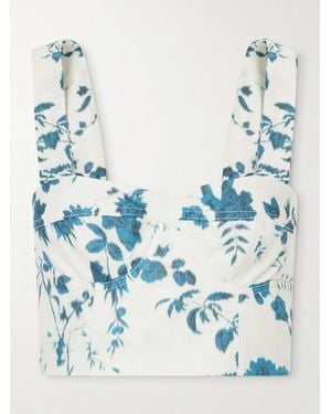 Erdem Crop Floral-Print Cotton And Linen-Blend Top - Blue