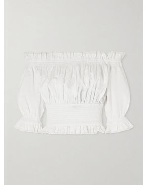 Dolce & Gabbana Off-The-Shoulder Lace-Trimmed Shirred Cotton-Blend Poplin Top - White