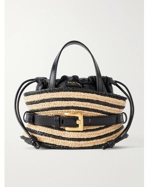 Balmain Shuffle Mini Buckled Leather-Trimmed Raffia Shoulder Bag - Metallic