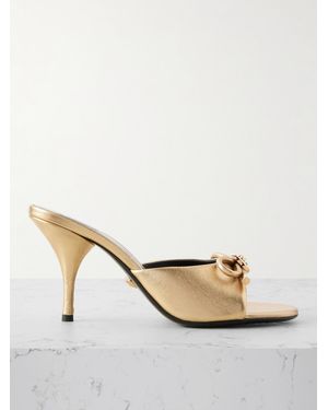 Versace Opera Embellished Metallic Textured-Leather Mules - Natural