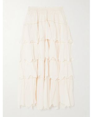 LoveShackFancy Cunningham Tiered Embroidered Pointelle-Trimmed Cotton-Blend Gauze Maxi Skirt - Natural