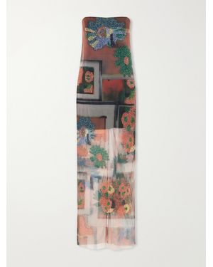 STAUD Liliana Beaded Printed Tulle Maxi Dress - Multicolor