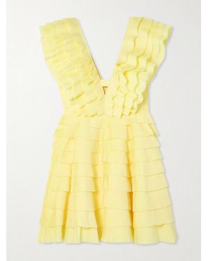 Aje. Reflection Tiered Ruffled Plissé-Crepe Mini Dress - Yellow