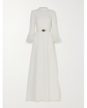 Andrew Gn Belted Crystal And Feather-Embellished Crepe Gown - White