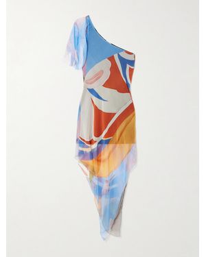 Donde Esteban Palenque Flores One-Shoulder Asymmetric Printed Silk-Chiffon Mini Dress - Blue