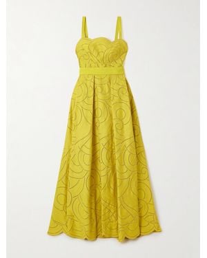 Elie Saab Belted Pleated Embroidered Cotton-Blend Twill Gown - Yellow