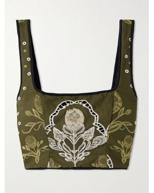 Agua Bendita Amanda Relato Cropped Embroidered Piped Cotton-Blend Poplin Bustier Top - Green