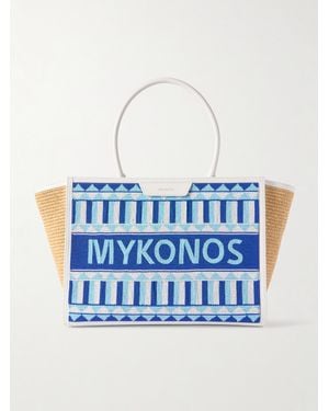 Aquazzura Mykonos Leather-Trimmed Beaded Raffia Tote - Blue