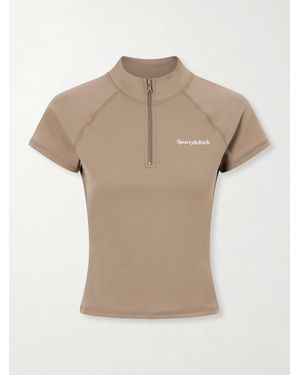 Sporty & Rich Logo-Print Stretch-Jersey Half-Zip T-Shirt - Natural