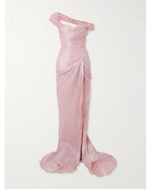 Marmar Halim Robe Du Soir Épaules Nues En Taffetas Plissé Métallisé À Drapés - Rose