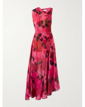 Victoria Beckham Draped Floral-Print Silk-Satin Midi Dress - Red