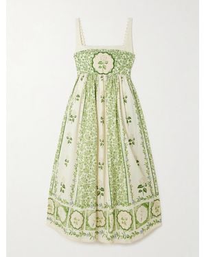Agua Bendita Barbara Midikleid Aus Leinen Mit Blumenprint, Zierperlen Und Falten - Weiß