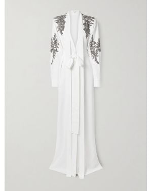 Zuhair Murad Belted Tie-Neck Embellished Crepe Gown - White