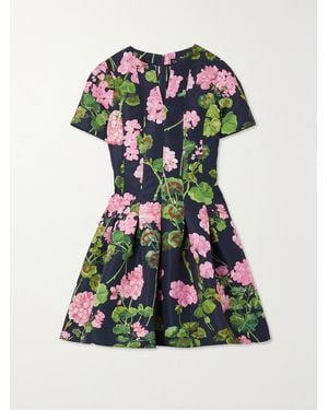 Oscar de la Renta Pleated Floral-Print Faille Dress - Blue