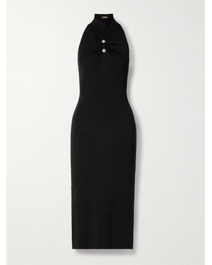 Cult Gaia Collin Faux Pearl-Embellished Gathered Ribbed Stretch-Jersey Turtleneck Midi Dress - Black