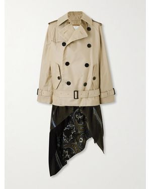 Sacai Double-Breasted Scarf-Detailed Gabardine Jacket - Natural