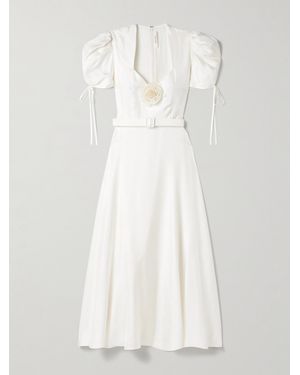 Rodarte Appliquéd Belted Silk-Twill Midi Dress - White