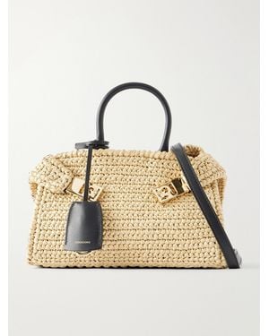 Ferragamo Hug Leather-Trimmed Raffia Mini Shoulder Bag - Metallic