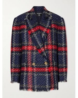 Balmain Fringed Checked Tweed Jacket - Blue
