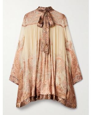 Zimmermann 'Hypnotic' Mini Dress With Pussybow Collar And All-Over Paisley Print - Brown