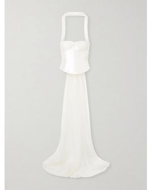 Danielle Frankel Viola Gathered Draped Tulle-Trimmed Wool And Silk-Blend Twill Top - White