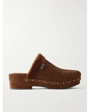 Brunello Cucinelli Bead-Embellished Shearling-Trimmed Suede Clogs - Brown
