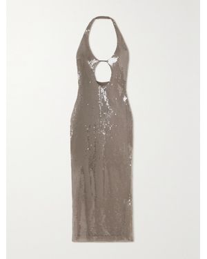16Arlington Sola Cutout Sequined Stretch-Tulle Halterneck Midi Dress - Grey