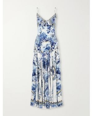 CAMILLA Porcelain Parlour Tie-Detail Crystal-Embellished Printed Silk Maxi Dress - Blue