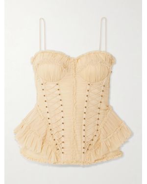Zimmermann Rebellion Embellished Lace-Up Frayed Ruched Silk Peplum Top - Natural