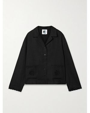 Sleeper Sofia Broderie Anglaise-Trimmed Linen Pajama Shirt - Noir