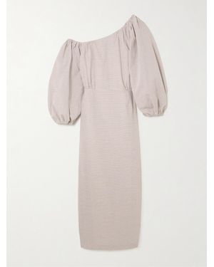 BERNADETTE Cara Off-The-Shoulder Gathered Striped Cotton-Seersucker Midi Dress - White