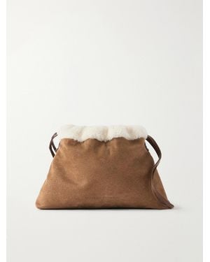 Brunello Cucinelli Bead-Embellished Shearling-Trimmed Full-Grain Leather Clutch - Brown
