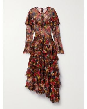 Doen Alouette Asymmetric Ruffled Floral-Print Silk-Georgette Midi Dress - Multicolour
