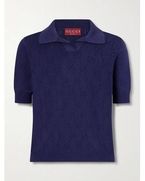 Gucci Perforated Silk And Cotton-Blend Polo Top - Blue