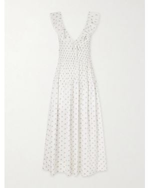 Doen Sorina Tiered Embroidered Floral-Print Organic Cotton Midi Dress - White