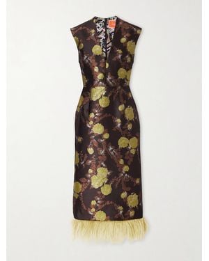 La DoubleJ Feather-Trimmed Jacquard Midi Dress - Brown