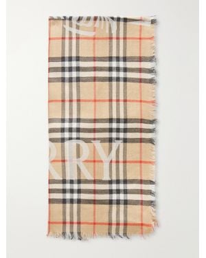 Burberry Frayed Printed Checked Wool And Silk-Blend Scarf - Natural