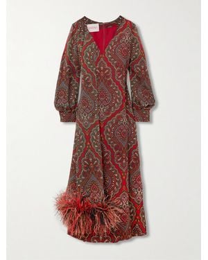Valentino Garavani Feather-Trimmed Scarf-Detailed Paisley-Print Silk-Crepe Midi Dress - Red