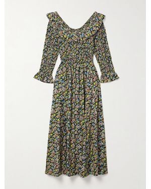 Doen Rosenda Midikleid Aus Voile Aus Einer Biobaumwollmischung Mit Blumenprint Und Raffungen - Grün