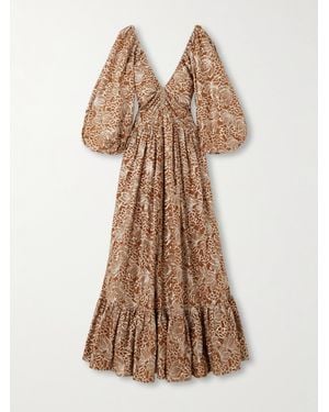 ‎Dima Ayad Gathered Embroidered Satin Maxi Dress - Natural